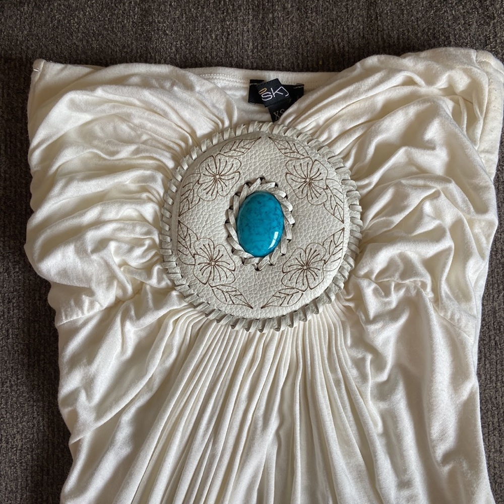 Sky Brand White Strapless Maxi Dress with Turquoise Pendant